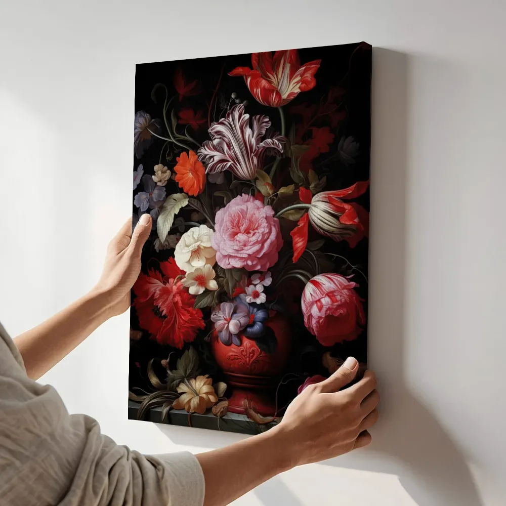Sfeerimpressie: Bloemstilleven met gestreepte tulpen in rode vaas terwijl het aan de muur wordt gehangen