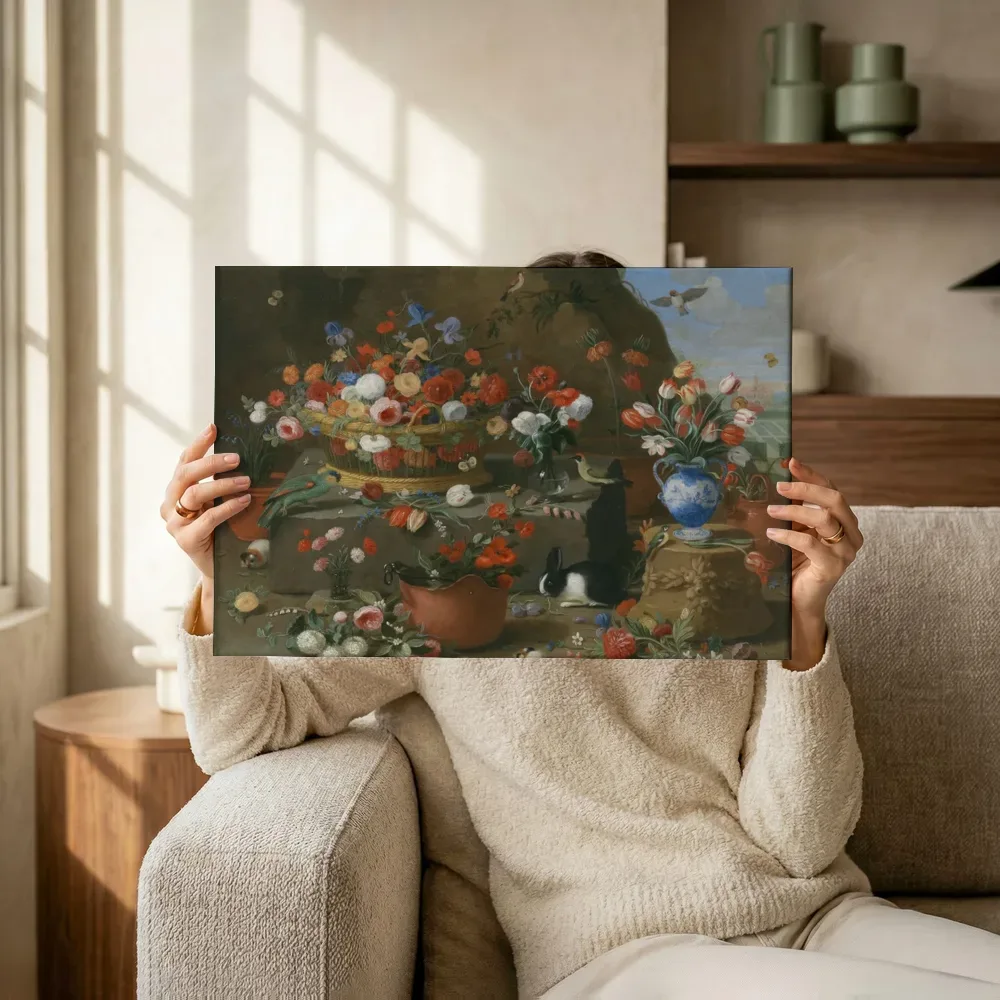 Sfeerimpressie: Bloemstilleven met kleine vogels, marmotten en een konijn van Jan van Kessel de Oude terwijl het omhoog wordt gehouden