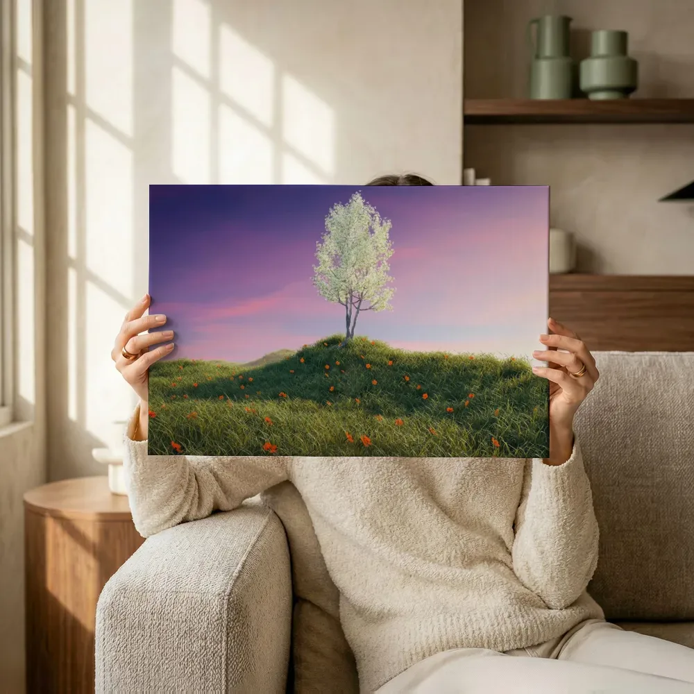 Sfeerimpressie: Bloesemboom op bloemenheuvel bij zonsopkomst terwijl het omhoog wordt gehouden