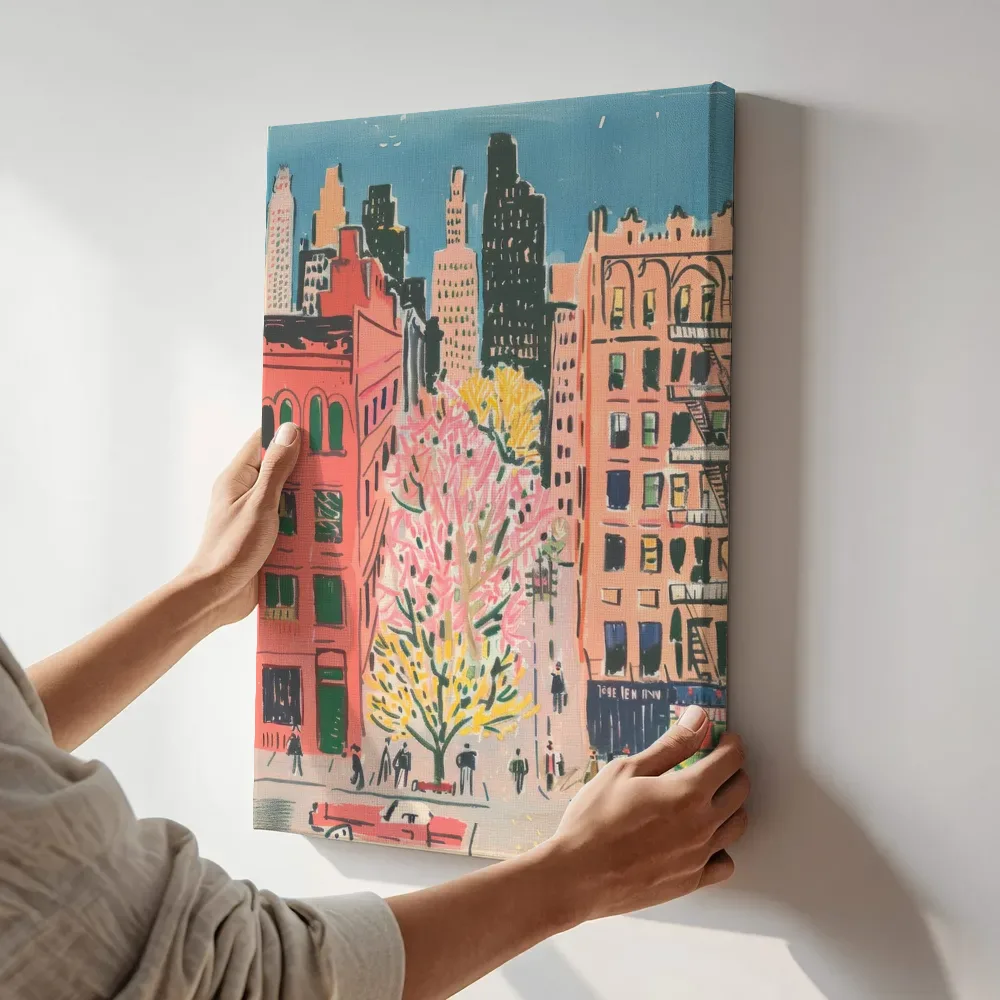 Sfeerimpressie: Bloesemboom in de stad terwijl het aan de muur wordt gehangen