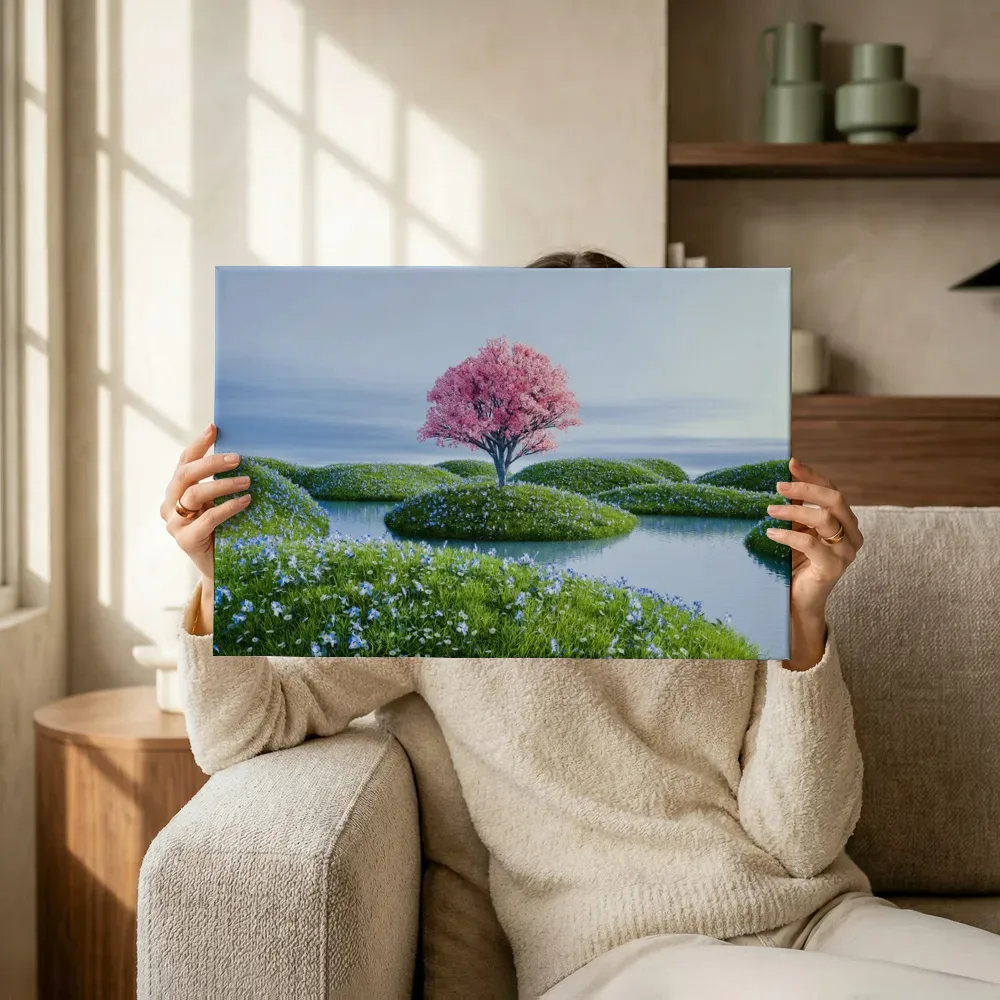 Sfeerimpressie: Bloesemboom op groen eilandje in vijver terwijl het omhoog wordt gehouden