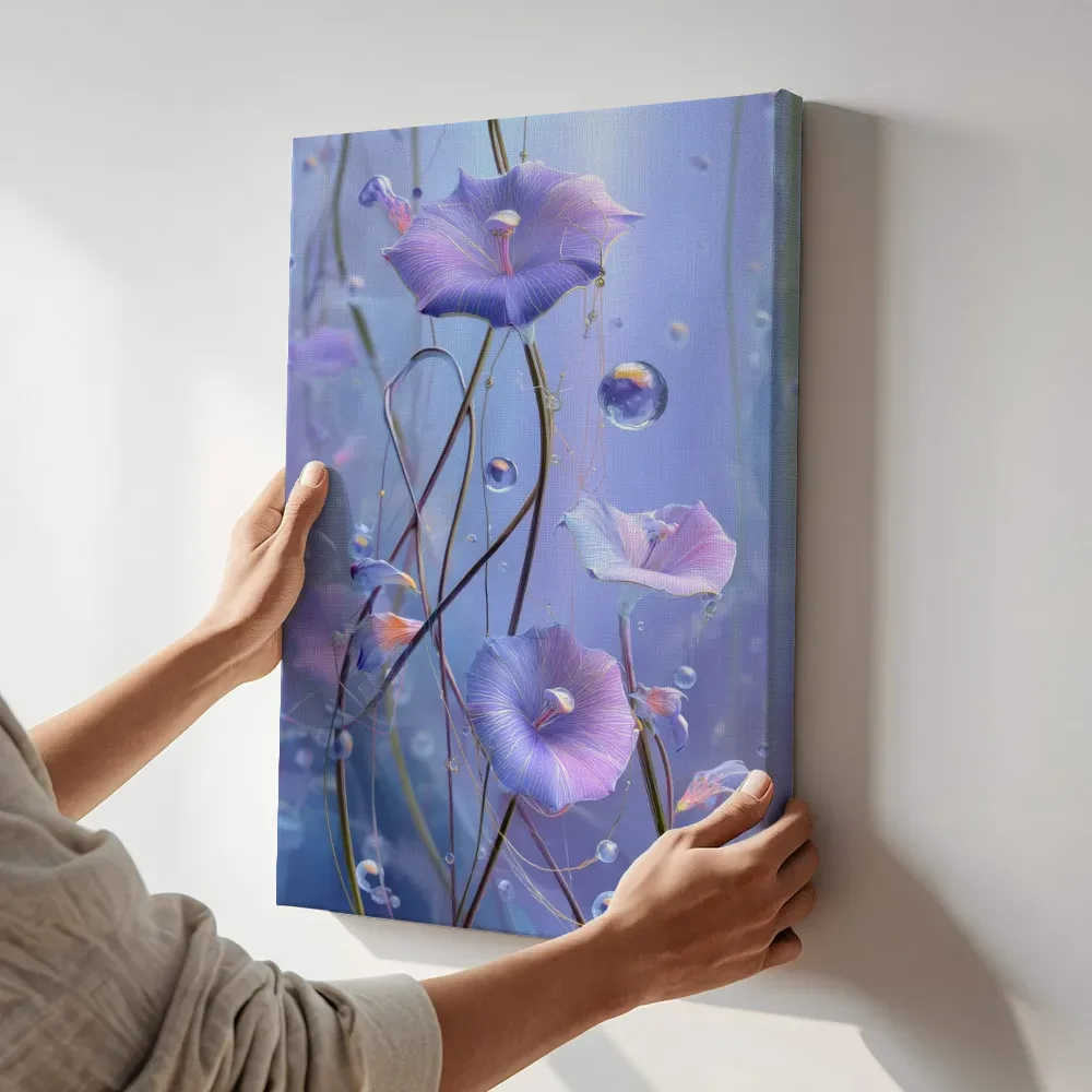 Sfeerimpressie: Bloesems en glaskristallen in blauw terwijl het aan de muur wordt gehangen