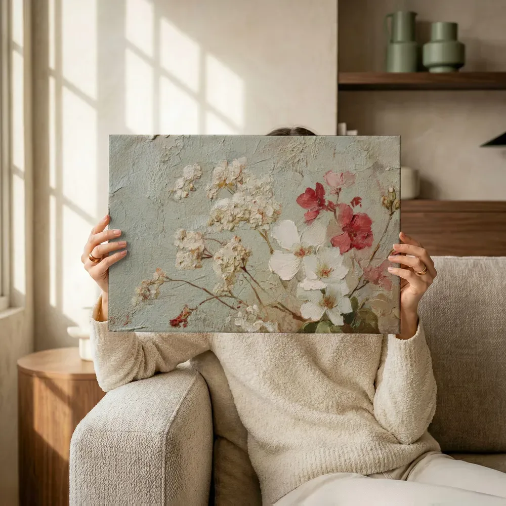 Sfeerimpressie: Bloesems op verweerde muur terwijl het omhoog wordt gehouden