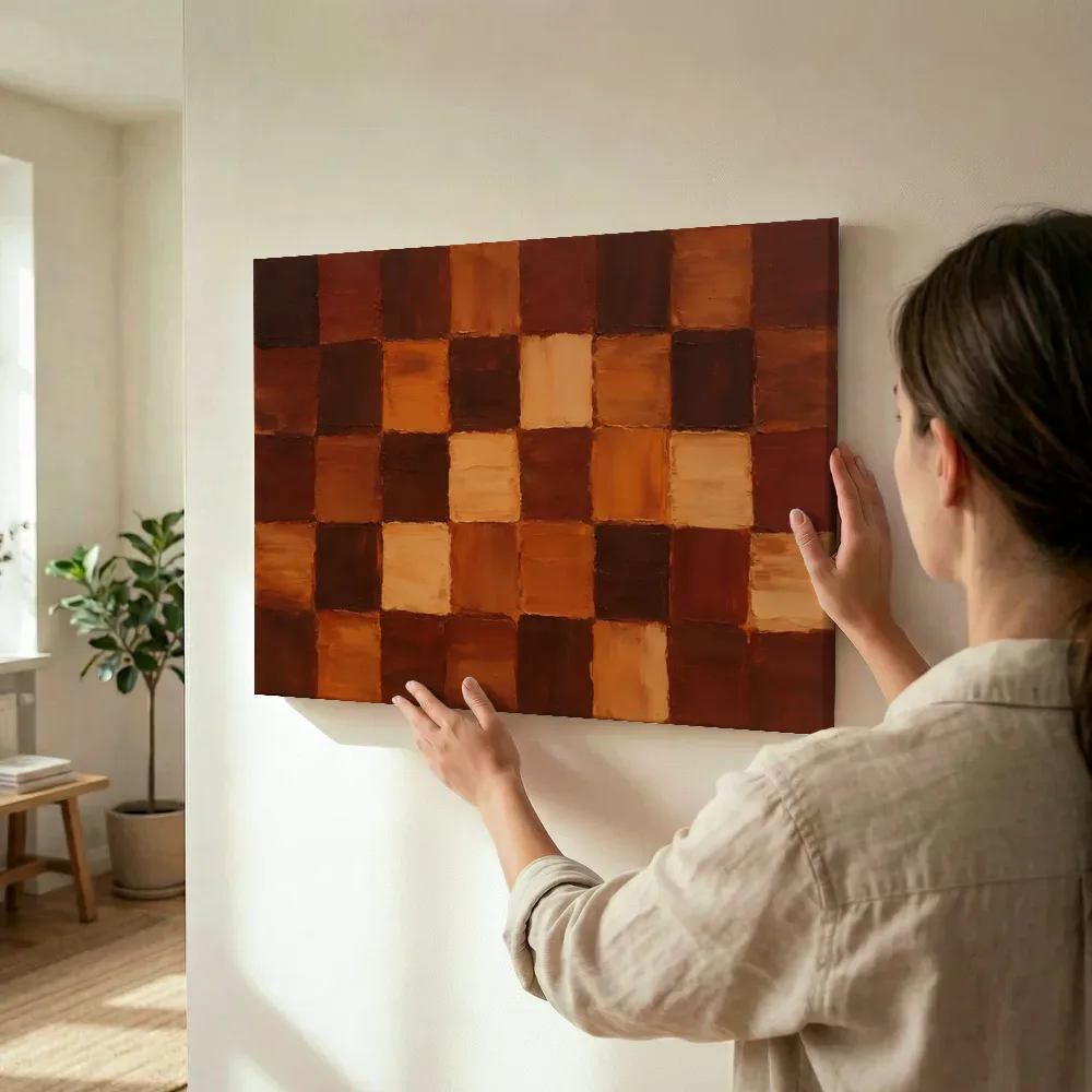 Sfeerimpressie: Blokkenraster paletmes, terracotta terwijl het wordt opgehangen