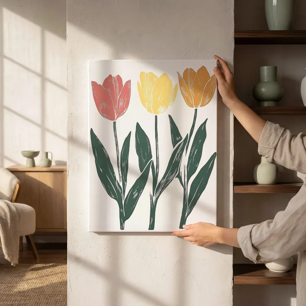 Sfeerimpressie: Blokprint tulpen in drie kleuren naast de kast