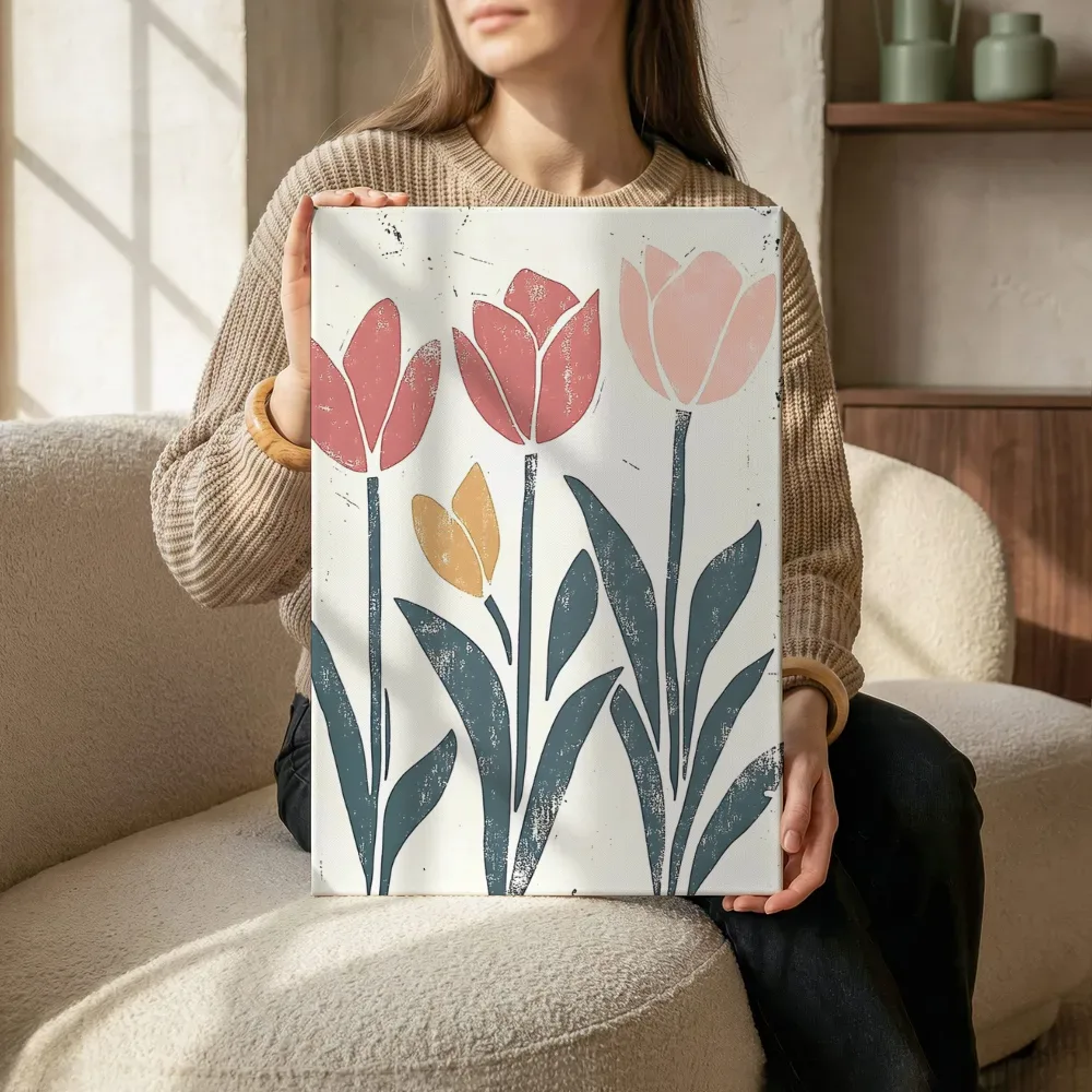 Sfeerimpressie: Blokprint tulpen in rood en roze terwijl het zittend wordt getoond