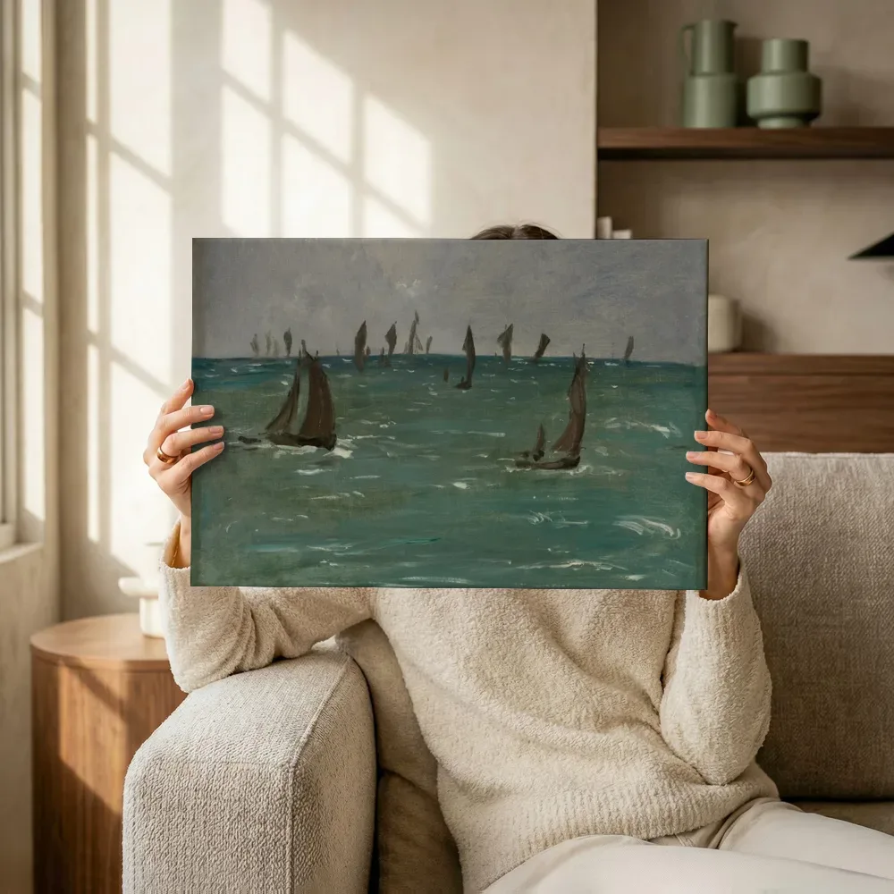 Sfeerimpressie: Boten bij Berck-sur-Mer van Edouard Manet terwijl het omhoog wordt gehouden