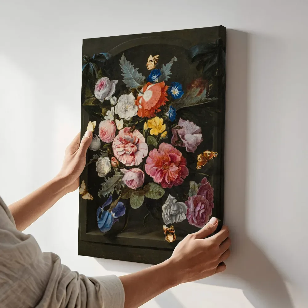 Sfeerimpressie: Boeket bloemen met vlinders, Toegeschreven aan Otto Marseus van Schrieck terwijl het aan de muur wordt gehangen