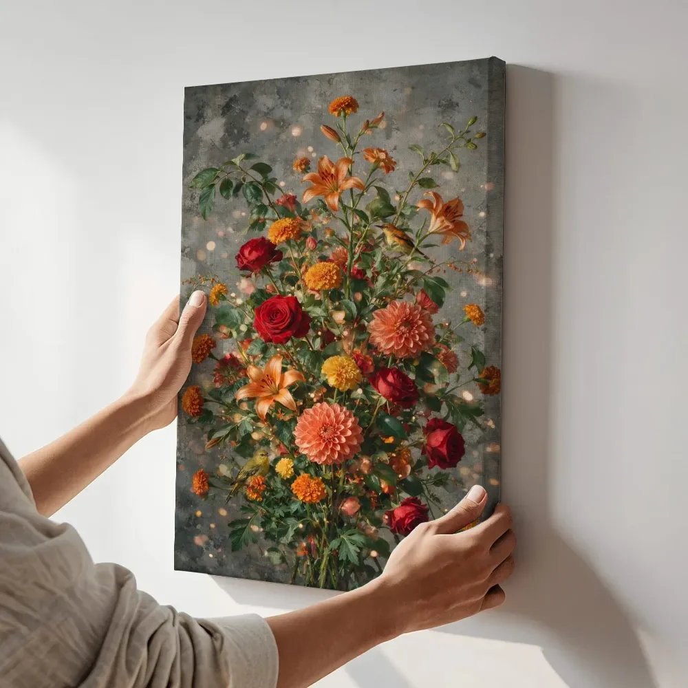 Sfeerimpressie: Boeket in warme tinten terwijl het aan de muur wordt gehangen