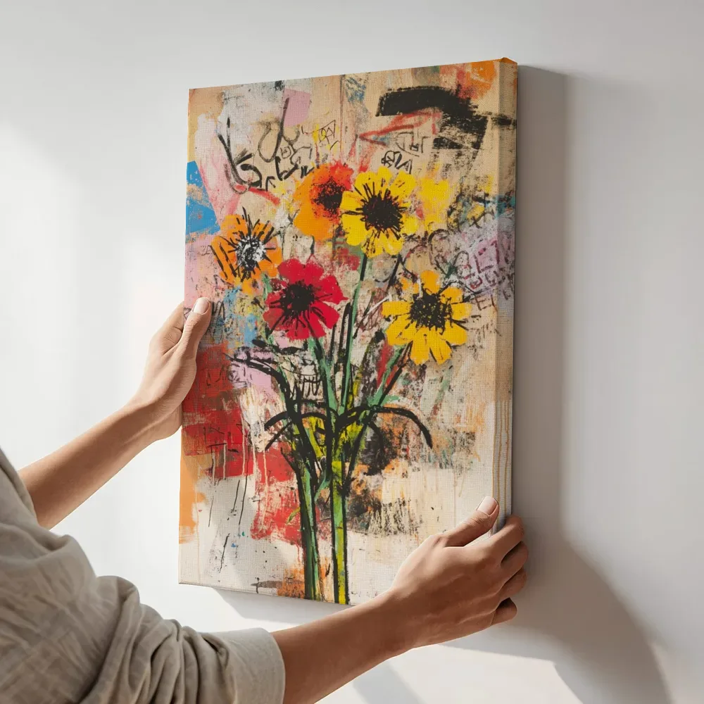 Sfeerimpressie: Boeket op een muur met graffiti terwijl het aan de muur wordt gehangen