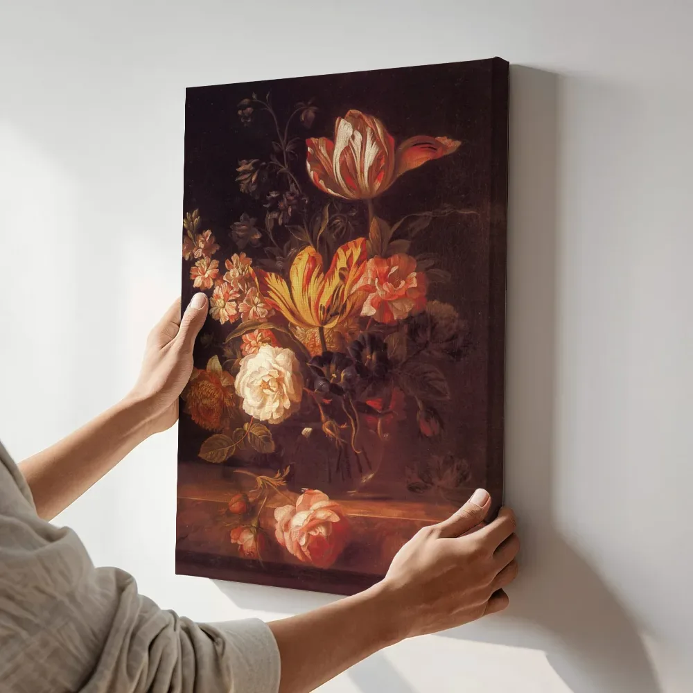 Sfeerimpressie: Bogdány Jakab Blumenstilleben ca1690 BudaGalerie van Jakob Bogdani terwijl het aan de muur wordt gehangen