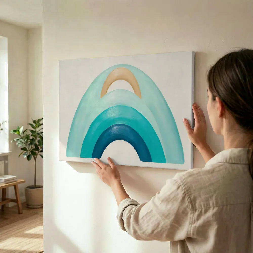 Sfeerimpressie: Bogen in maten Retro Shapes in zeeblauw terwijl het wordt opgehangen