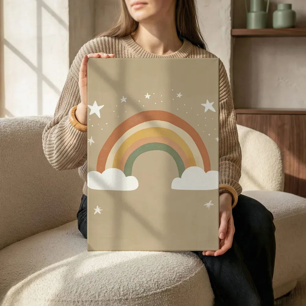 Sfeerimpressie: Boho regenboog met sterrenhemel terwijl het zittend wordt getoond