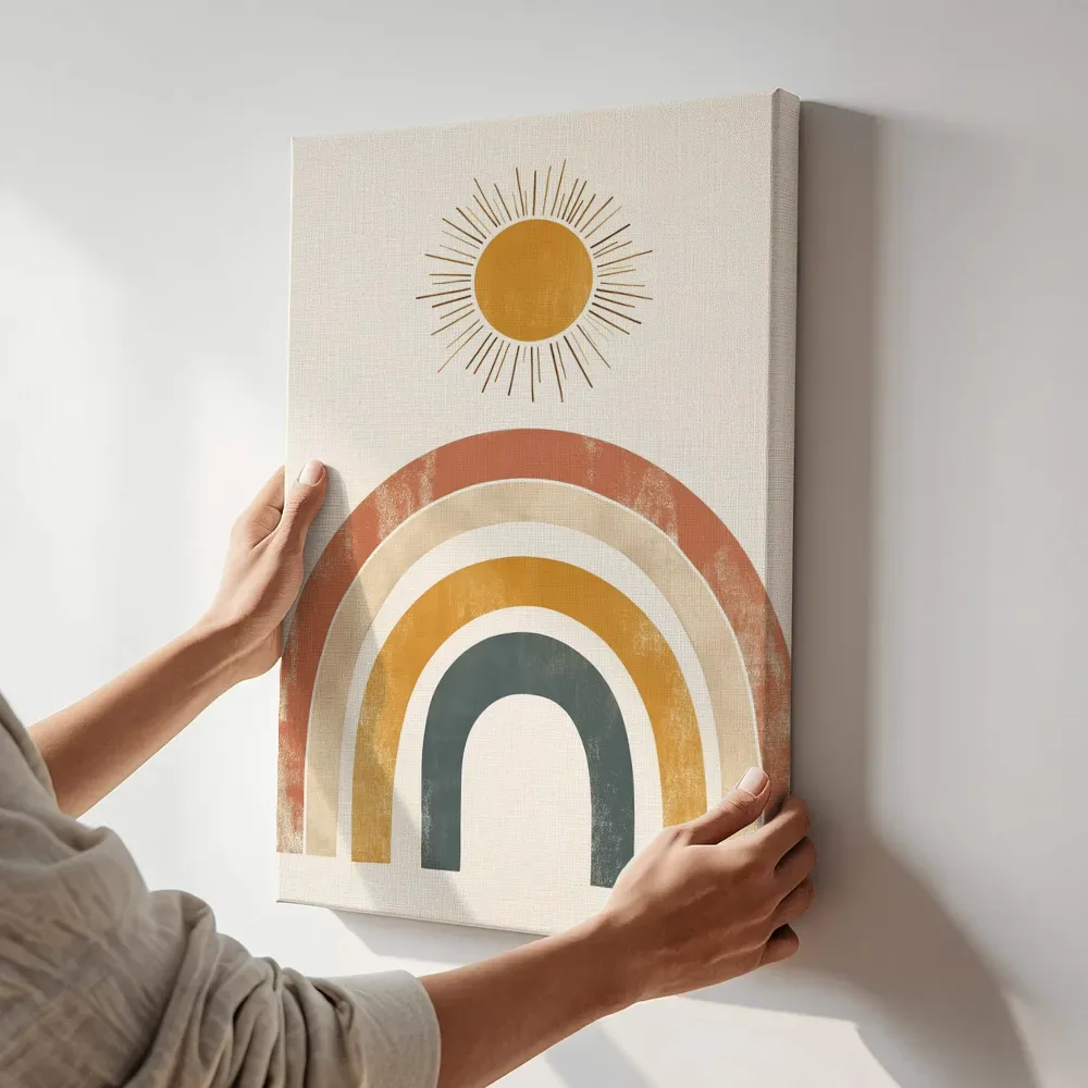 Sfeerimpressie: Boho regenboog met zon terwijl het aan de muur wordt gehangen