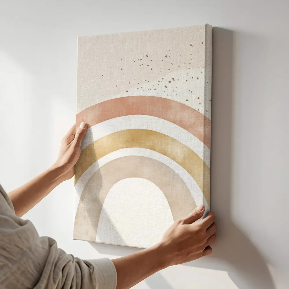 Sfeerimpressie: Boho regenboog in zandtinten terwijl het aan de muur wordt gehangen