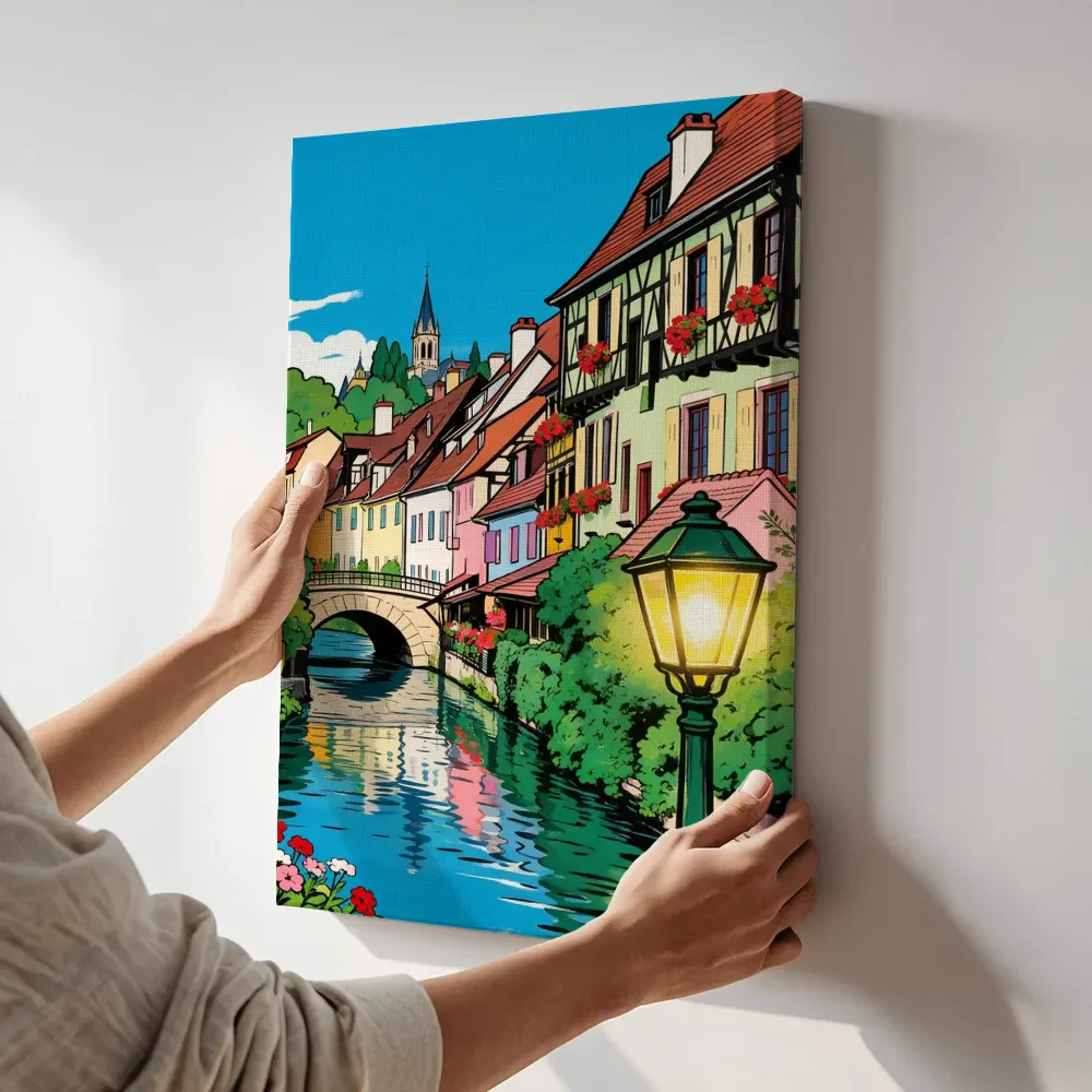 Sfeerimpressie: Bolsward, brug in vlakke acryl terwijl het aan de muur wordt gehangen
