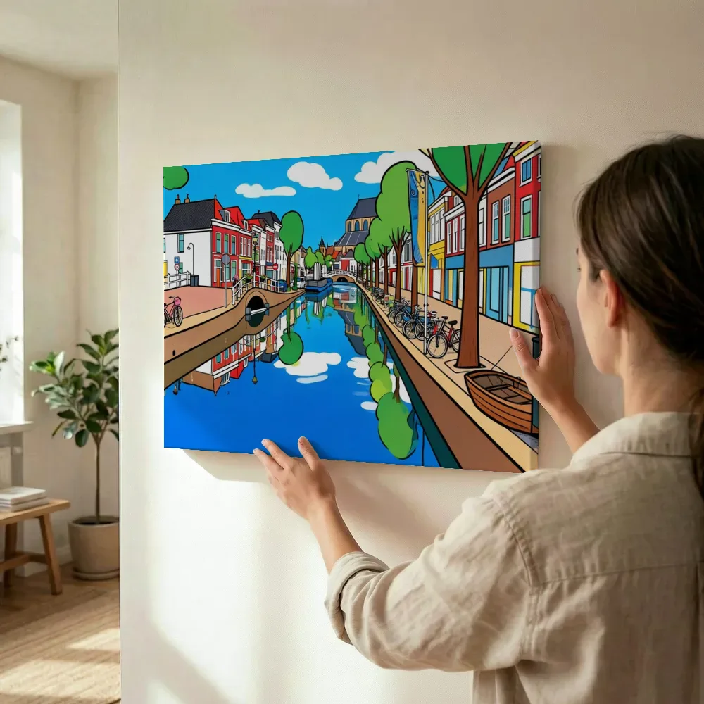 Sfeerimpressie: Bolsward, gracht in cartoonstijl terwijl het wordt opgehangen