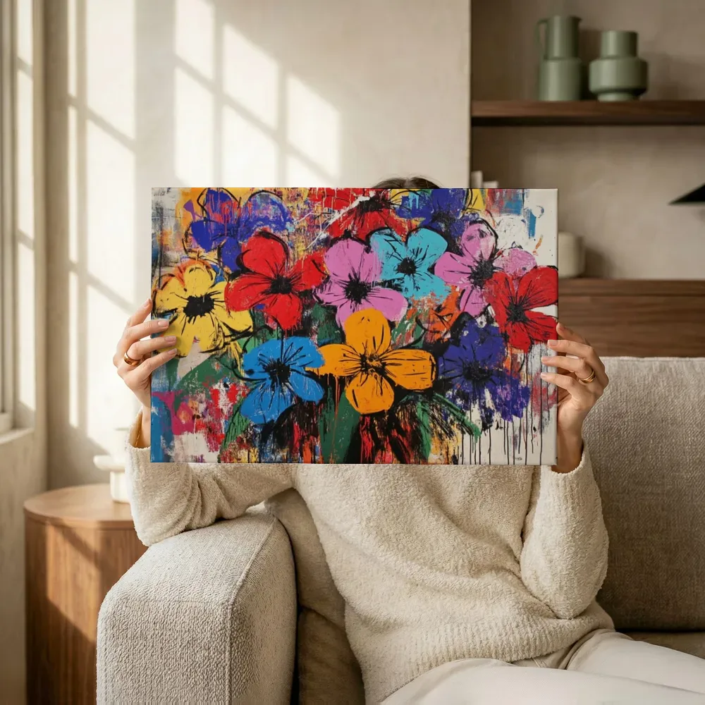 Sfeerimpressie: Bont boeket graffiti bloemen terwijl het omhoog wordt gehouden