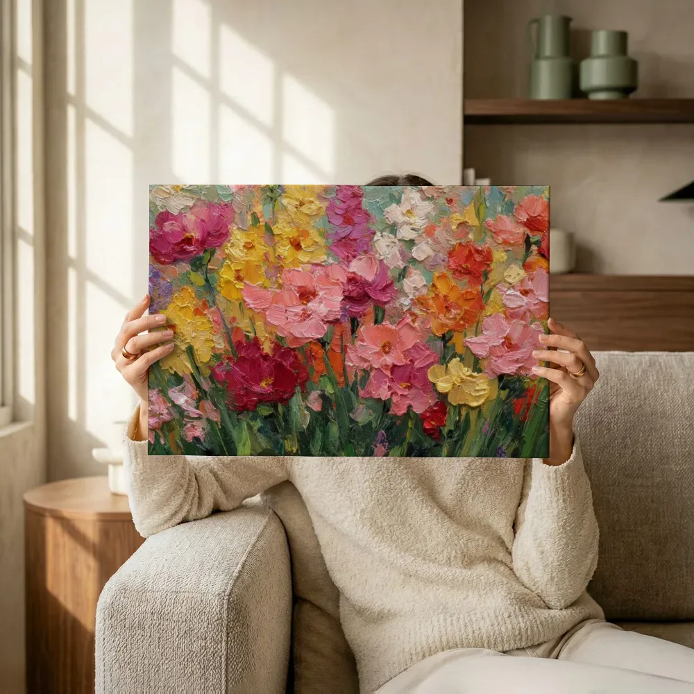 Sfeerimpressie: Bonte bloemenweide in vol palet terwijl het omhoog wordt gehouden