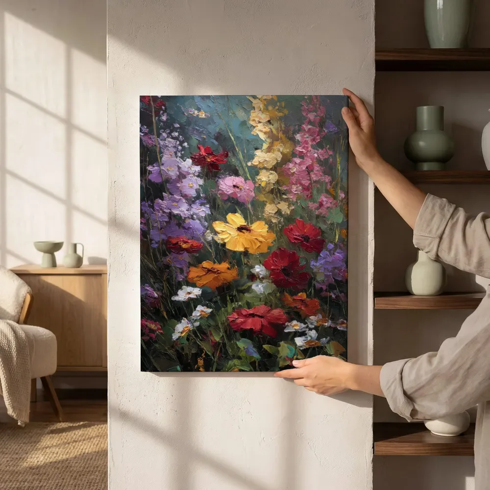 Sfeerimpressie: Bonte veldbloemen in rood en geel terwijl het aan de muur wordt gehangen