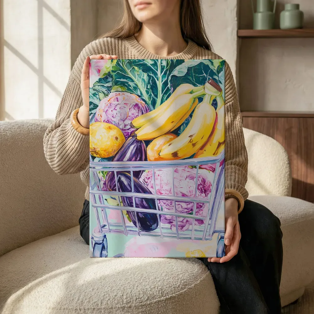 Sfeerimpressie: Boodschappenwagentje met bananen en aubergine terwijl het zittend wordt getoond