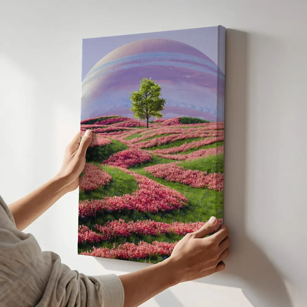Sfeerimpressie: Boom voor kolossale planeet in bloemenveld terwijl het aan de muur wordt gehangen