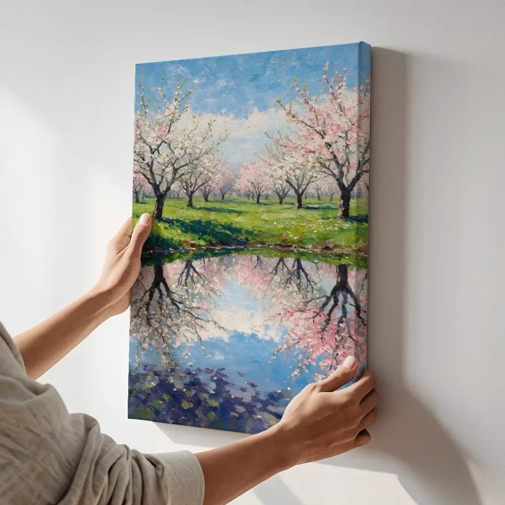 Sfeerimpressie: Boomgaard in bloesem in de vroege lente terwijl het aan de muur wordt gehangen