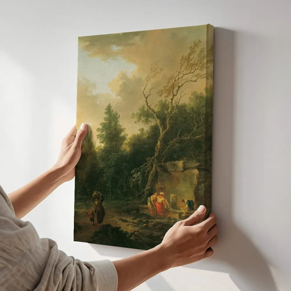 Sfeerimpressie: Boomlandschap met fontein van Christian Hilfgott Brand terwijl het aan de muur wordt gehangen