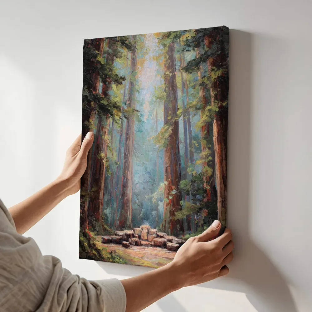 Sfeerimpressie: Kring van boomstronken in het bos terwijl het aan de muur wordt gehangen