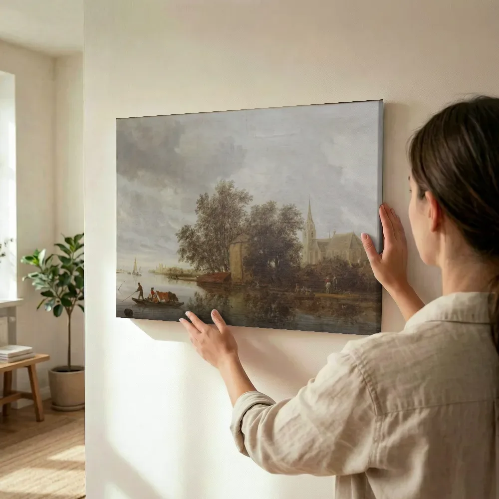 Sfeerimpressie: Rivieroever met een kerk van Salomon van Ruysdael terwijl het wordt opgehangen
