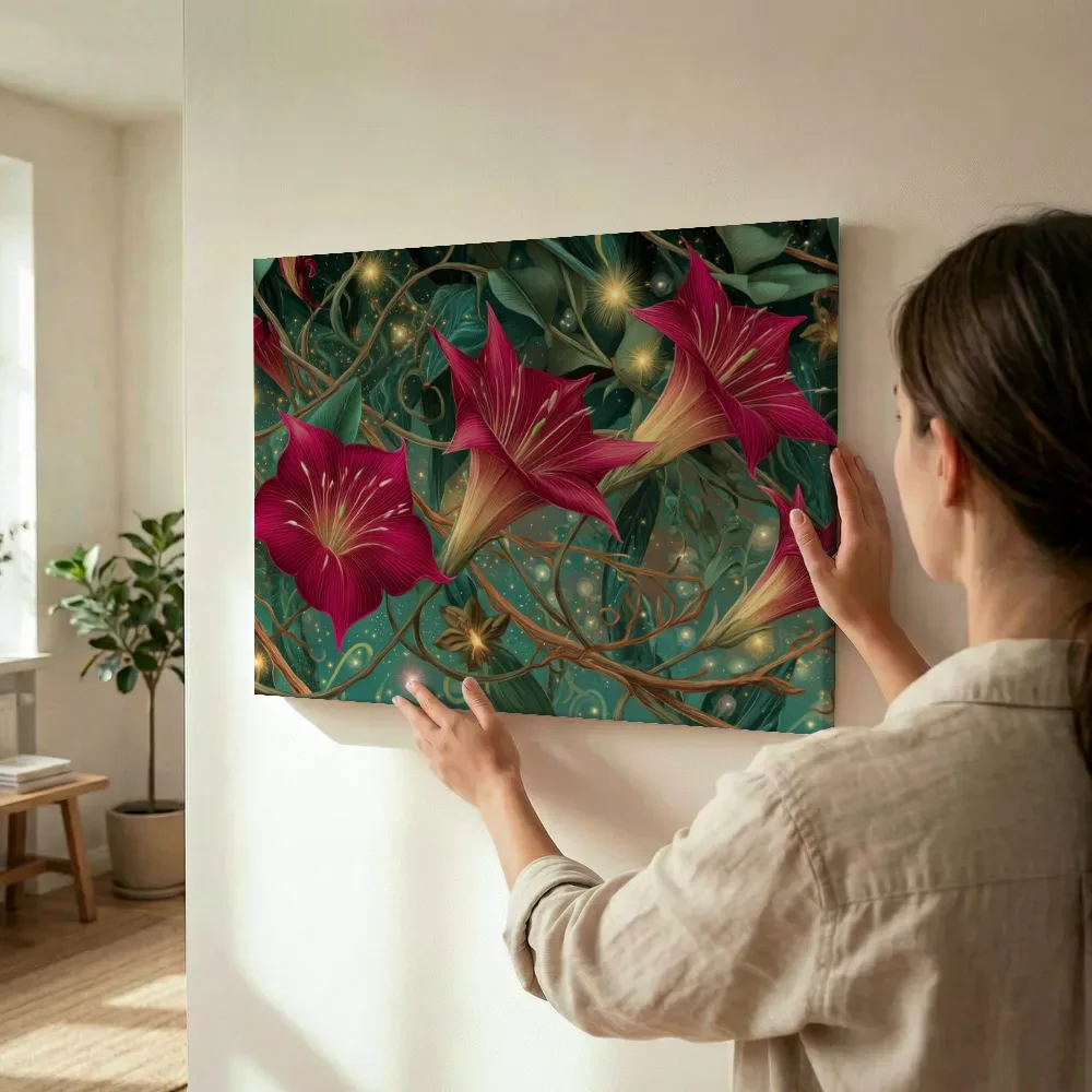 Sfeerimpressie: Bordeauxrode trompetbloemen met gouden adering terwijl het wordt opgehangen