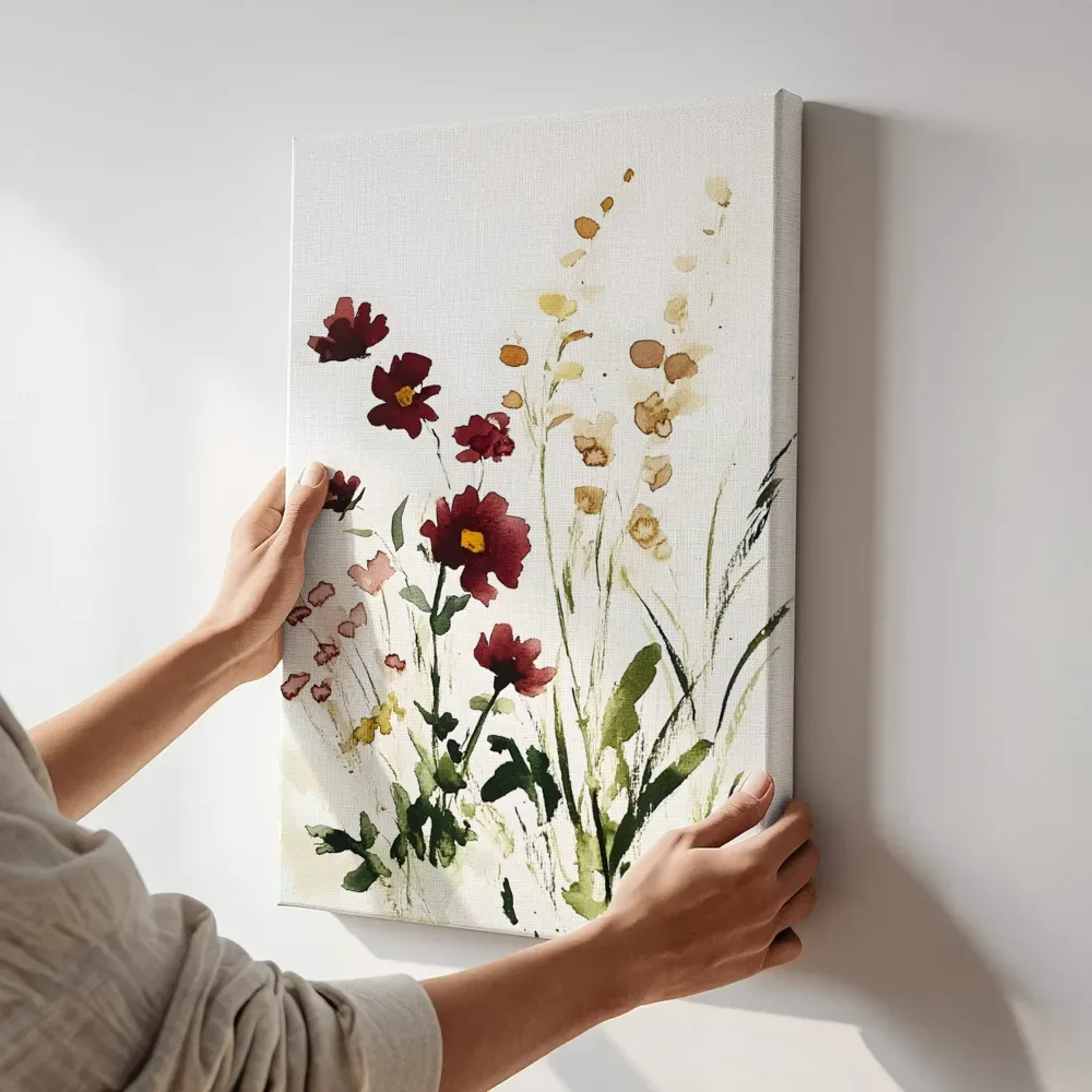 Sfeerimpressie: Bordeauxrode wilde bloemen aquarel terwijl het aan de muur wordt gehangen