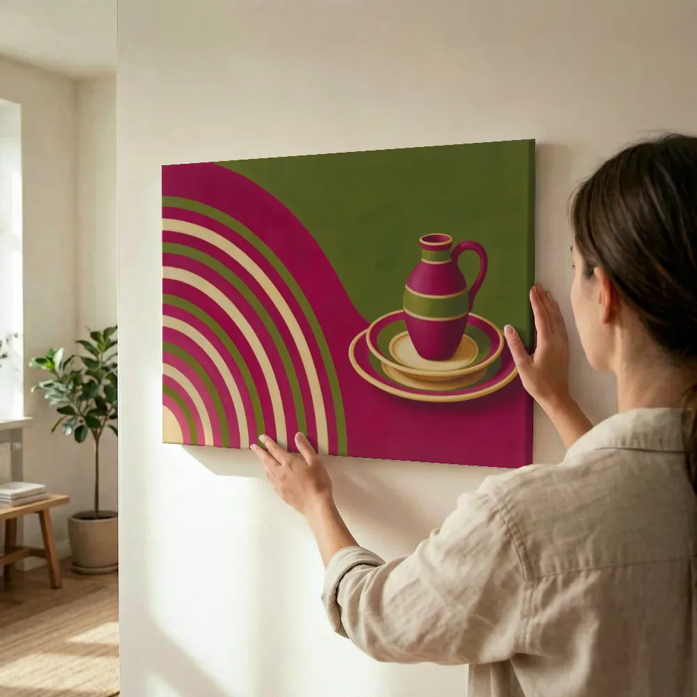 Sfeerimpressie: Borden en kan in magenta en olijfgroen terwijl het wordt opgehangen