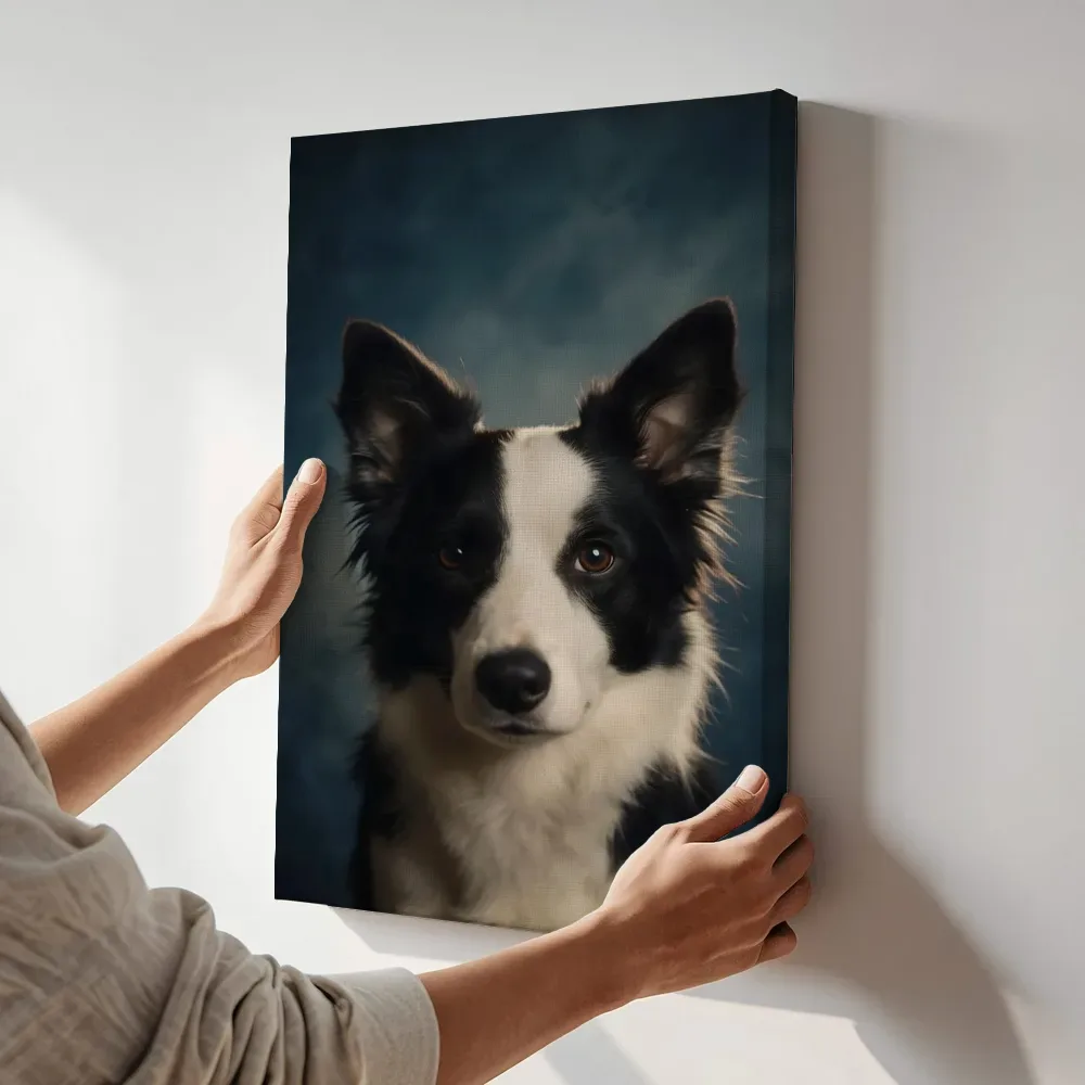 Sfeerimpressie: Border Collie van voren in inktblauw terwijl het aan de muur wordt gehangen