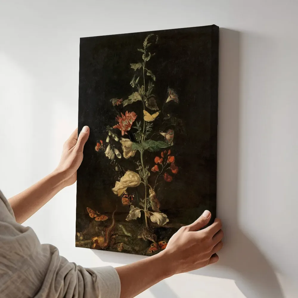 Sfeerimpressie: Bosgrondstilleven met vlinders en een hagedis, Atelier van Otto Marseus van Schrieck terwijl het aan de muur wordt gehangen