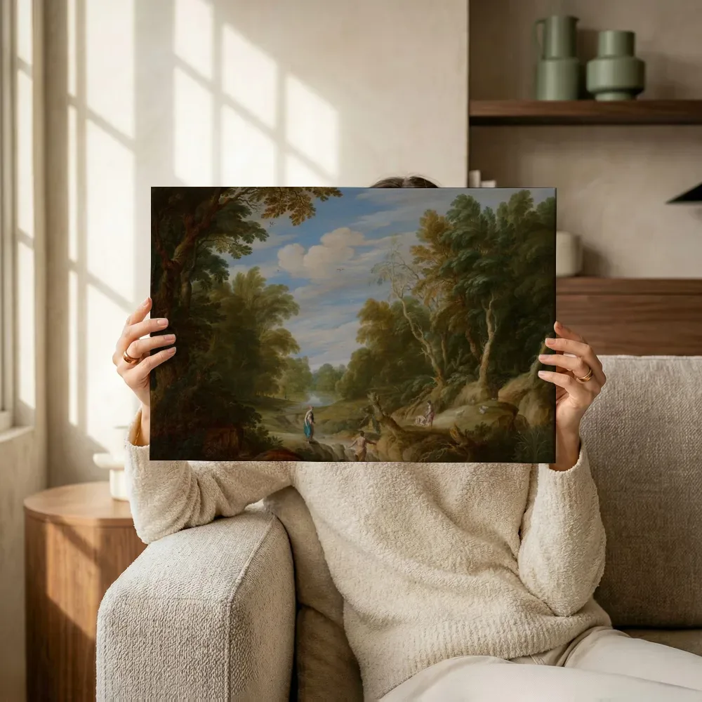 Sfeerimpressie: Boslandschap met figuren van Alexander Keirincx, Cornelius van Alexander Keirincx / Cornelius van Poelenburgh terwijl het omhoog wordt gehouden