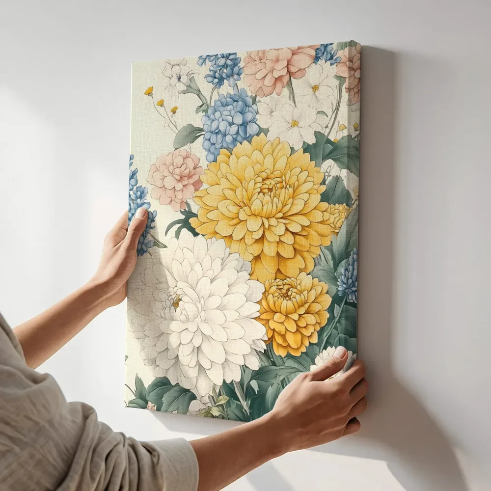 Sfeerimpressie: Botanisch boeket met dahlia en hortensia terwijl het aan de muur wordt gehangen
