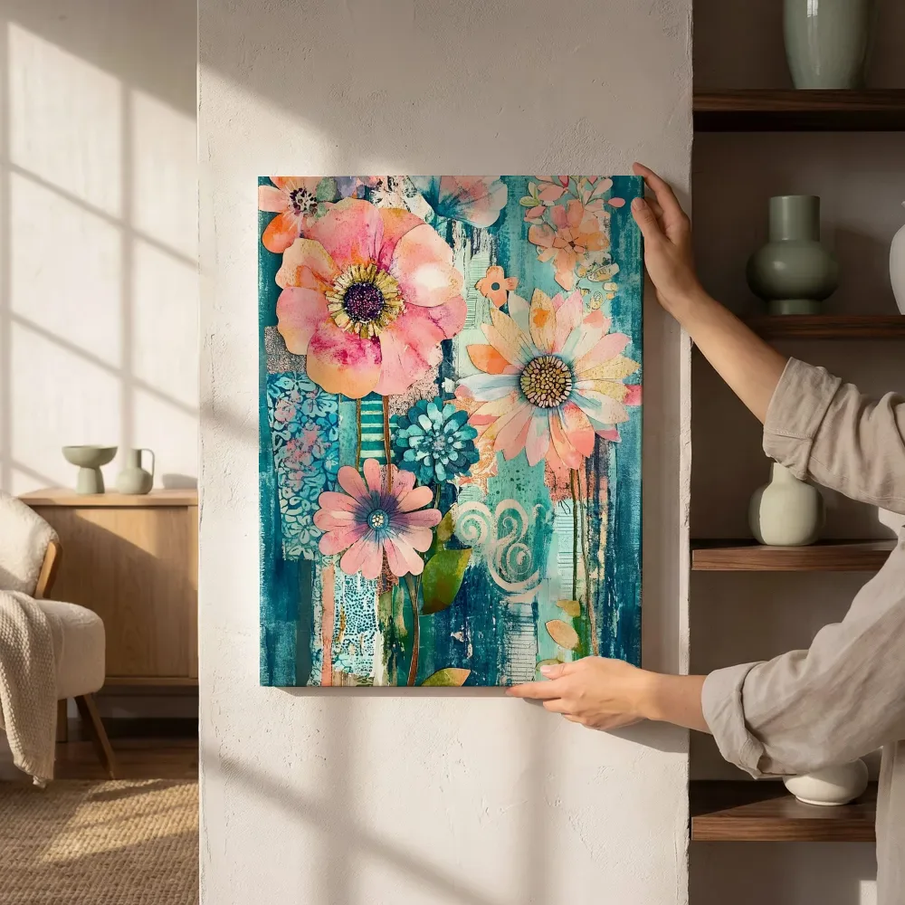 Sfeerimpressie: Botanische bloemencollage turquoise naast de kast
