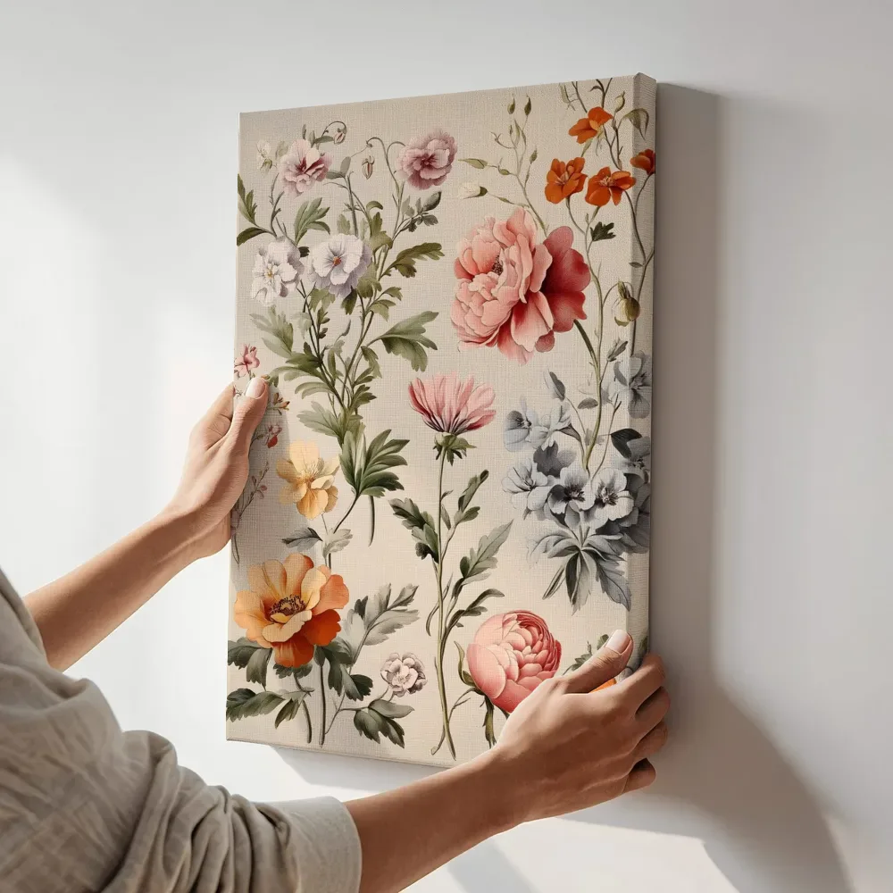 Sfeerimpressie: Botanische bloemenplaat terwijl het aan de muur wordt gehangen