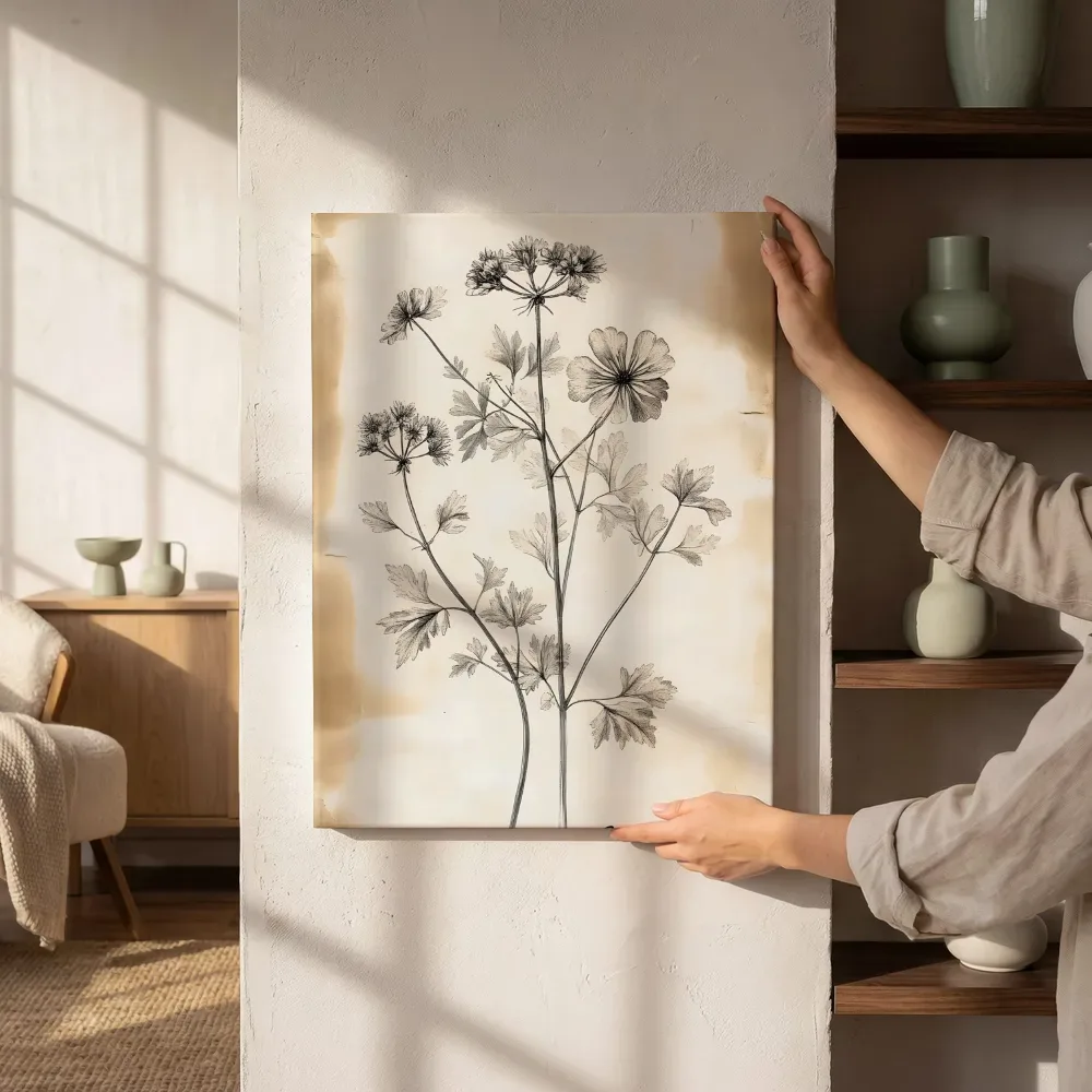 Sfeerimpressie: Botanische kruidenillustratie naast de kast
