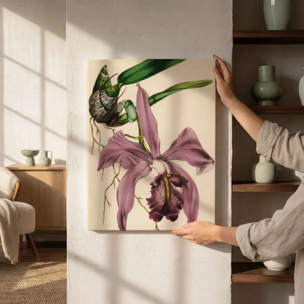 Sfeerimpressie: Botanische prent van een paarse orchidee naast de kast