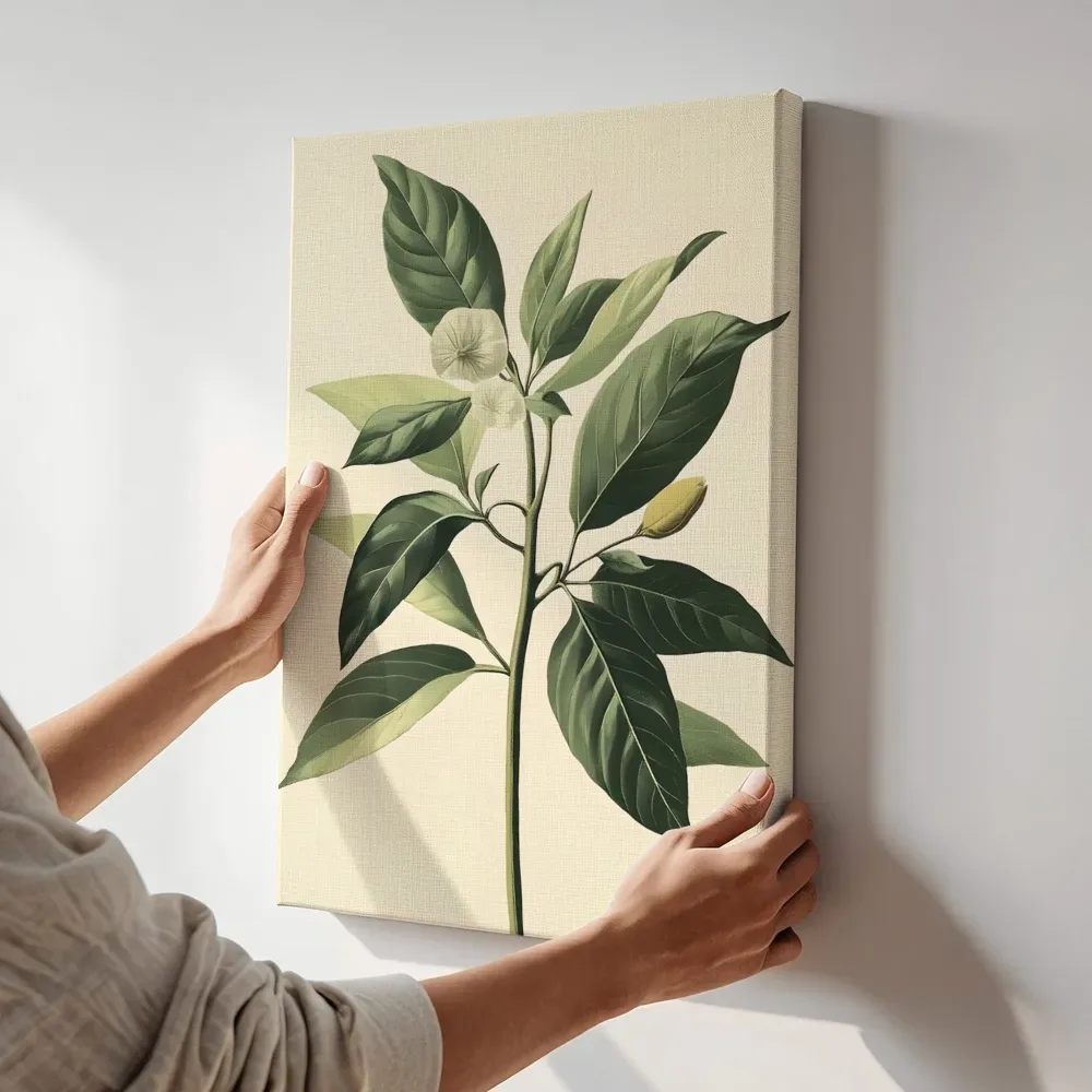 Sfeerimpressie: Botanische tak met witte bloesem terwijl het aan de muur wordt gehangen