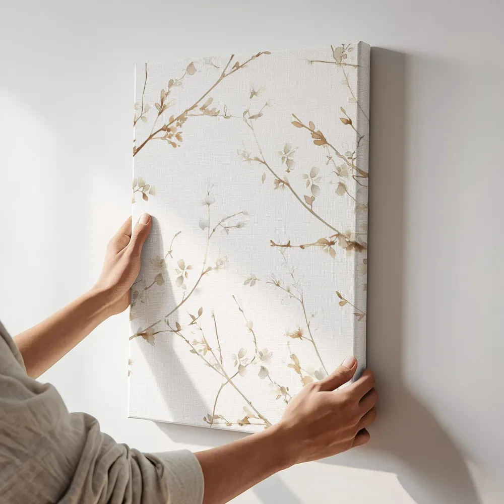 Sfeerimpressie: Botanische twijgen patroon terwijl het aan de muur wordt gehangen
