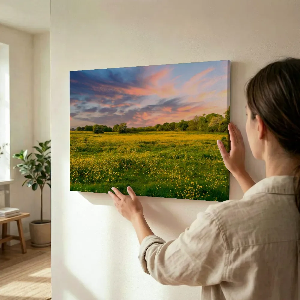 Sfeerimpressie: Boterbloemenveld bij zonsondergang terwijl het wordt opgehangen