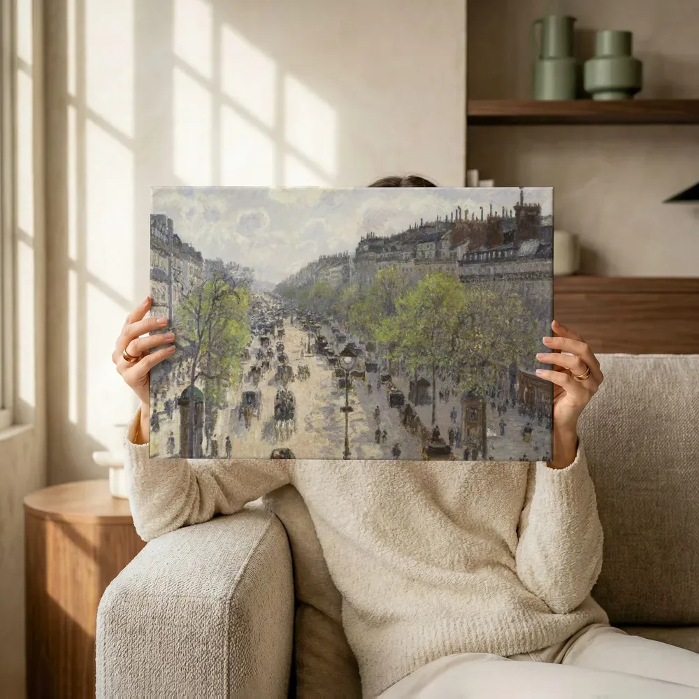 Sfeerimpressie: Boulevard Montmartre, lente van Camille Pissarro terwijl het omhoog wordt gehouden