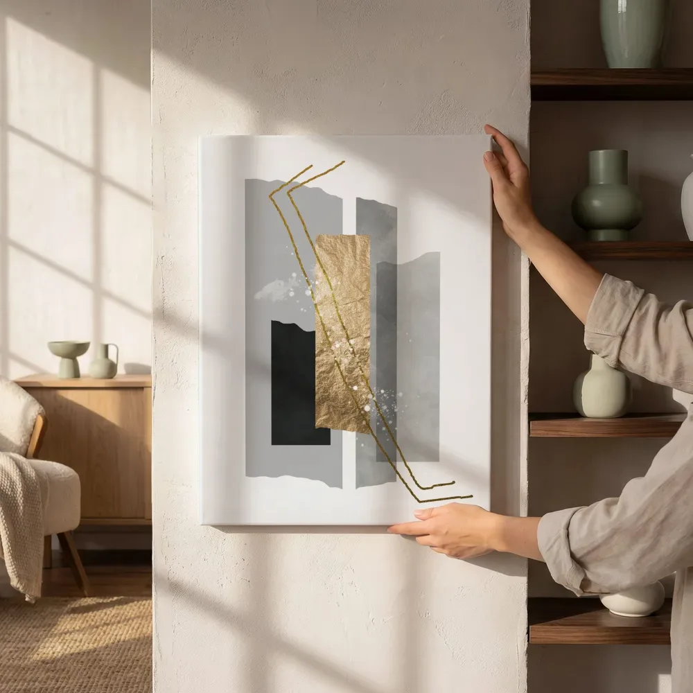 Sfeerimpressie: Bourgondische papiercollage goud naast de kast