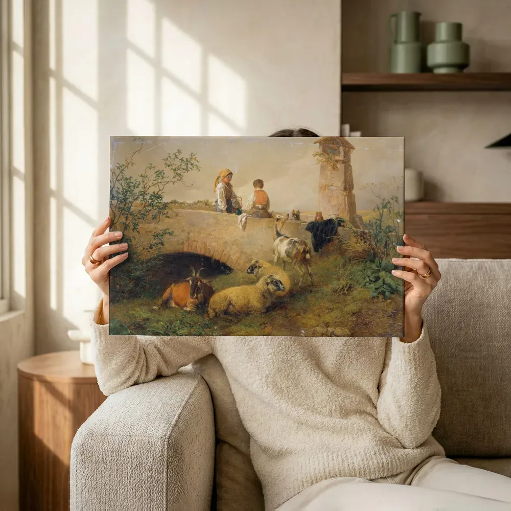 Sfeerimpressie: Jongen en meisje met schapen en geiten van Leopold Brunner terwijl het omhoog wordt gehouden