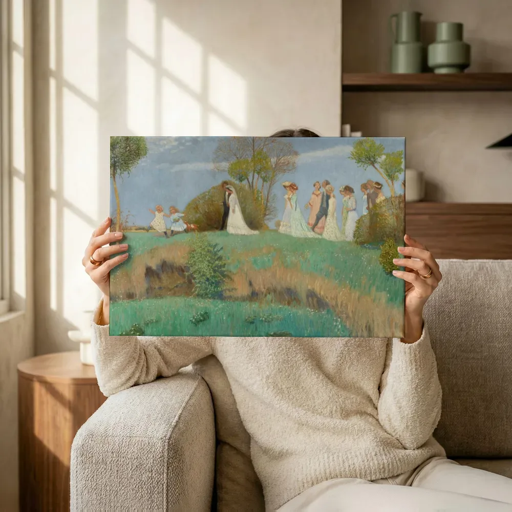 Sfeerimpressie: Bruidsstoet in de lente van Otto Modersohn terwijl het omhoog wordt gehouden