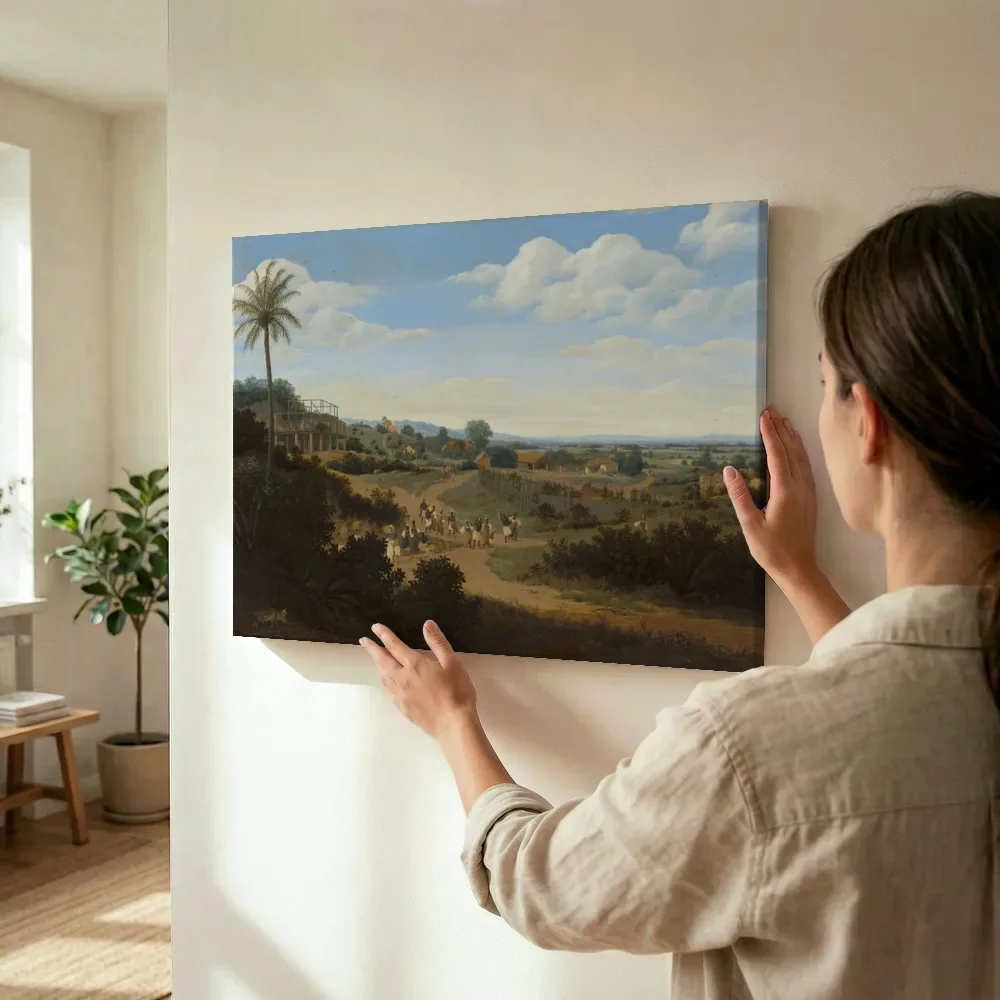 Sfeerimpressie: Braziliaans landschap met een huis in aanbouw van Frans Post terwijl het wordt opgehangen