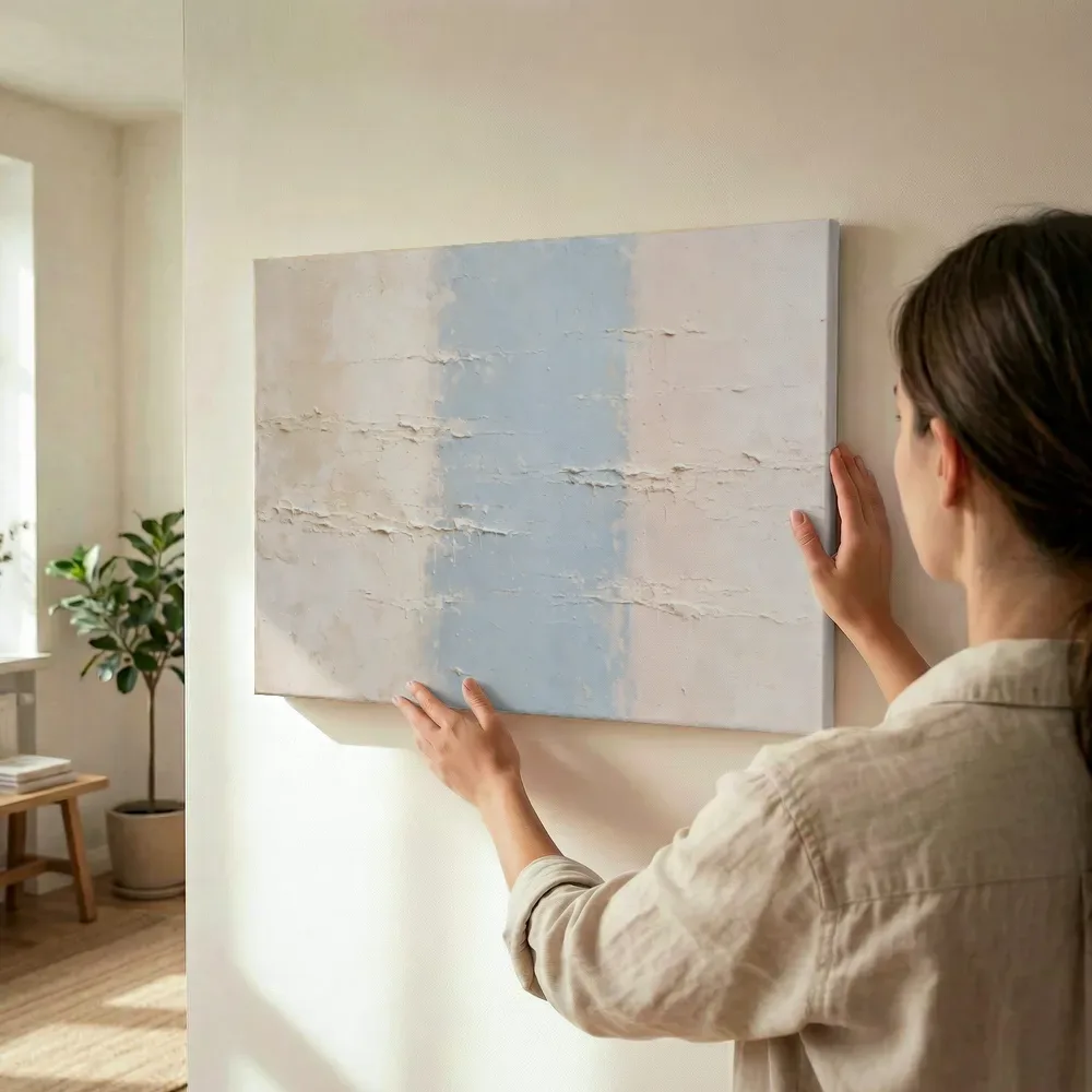 Sfeerimpressie: Brede Banen Meswerk in Scandinavisch Bleek terwijl het wordt opgehangen